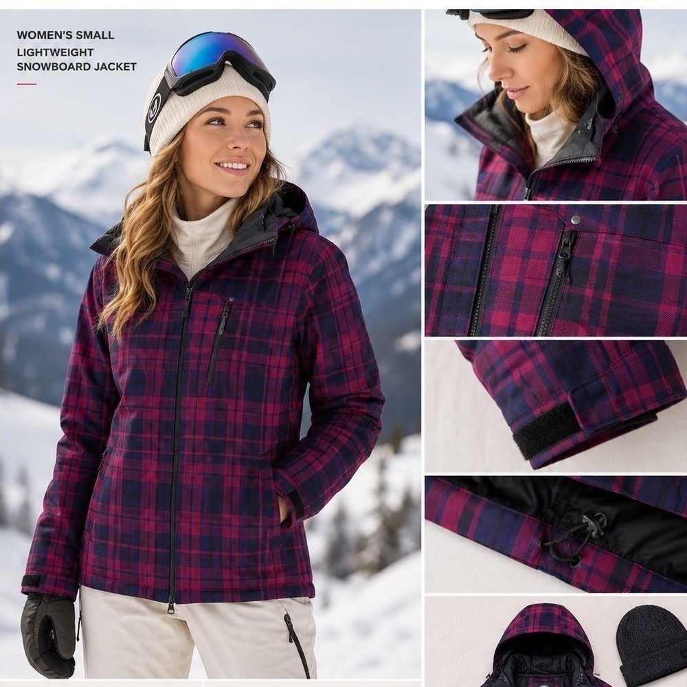 Volcom Womens Small Red Blue Plaid 10K Waterproof Lightweight Snowboard Jacket